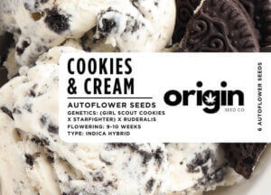 Cookies & Cream Autoflower strain packaging with sweet, fruity, and woody aroma description