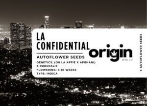 Packaging of LA Confidential strain seeds featuring premium Indica genetics