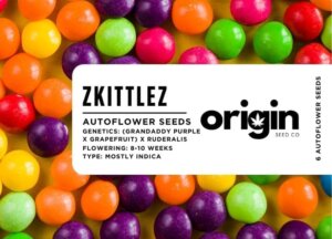 Zkittlez strain autoflower seeds in branded packaging with a sweet, fruity aroma.