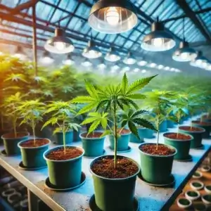 Purchase cannabis clones online – Healthy cannabis clones under grow lights in a greenhouse environment, showcasing shipped clones for sale from Seeds & Clones.