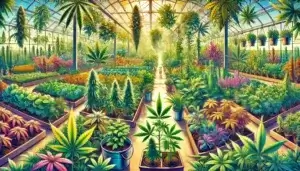 Choosing the perfect cannabis strain: Wide illustration of different cannabis strains, including indica, sativa, and hybrid, in a greenhouse setting, for choosing the perfect cannabis strain.