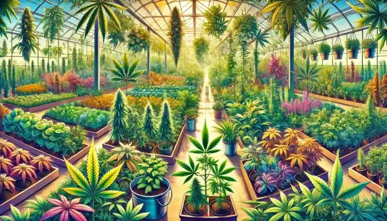 Choosing the perfect cannabis strain: Wide illustration of different cannabis strains, including indica, sativa, and hybrid, in a greenhouse setting, for choosing the perfect cannabis strain.
