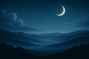 A serene, dreamlike night landscape with glowing blue tones, symbolizing the calming and uplifting nature of the Blue Dream cannabis strain.