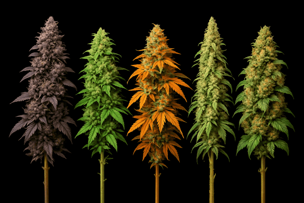 A display of diverse cannabis plant stalks representing the best cannabis clones 2025, highlighting variety and healthy growth.