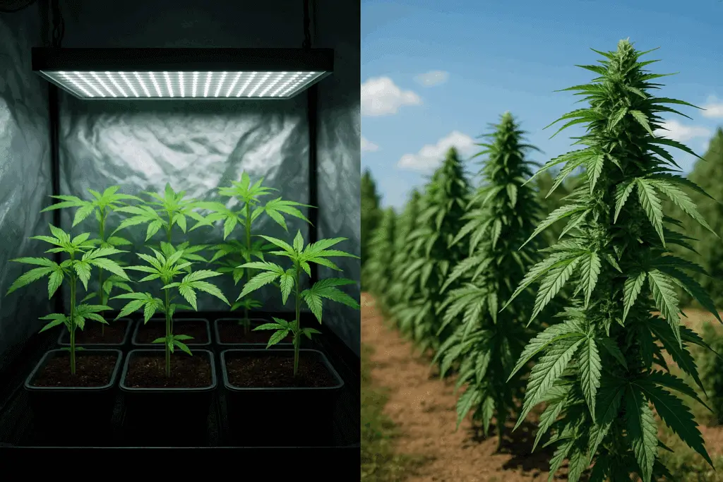 A split-scene image showing cannabis clones growing indoors under LED lights on one side and outdoors under natural sunlight on the other.