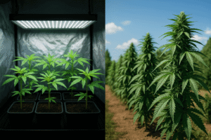 A split-scene image showing cannabis clones growing indoors under LED lights on one side and outdoors under natural sunlight on the other.