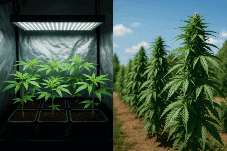 A split-scene image showing cannabis clones growing indoors under LED lights on one side and outdoors under natural sunlight on the other.