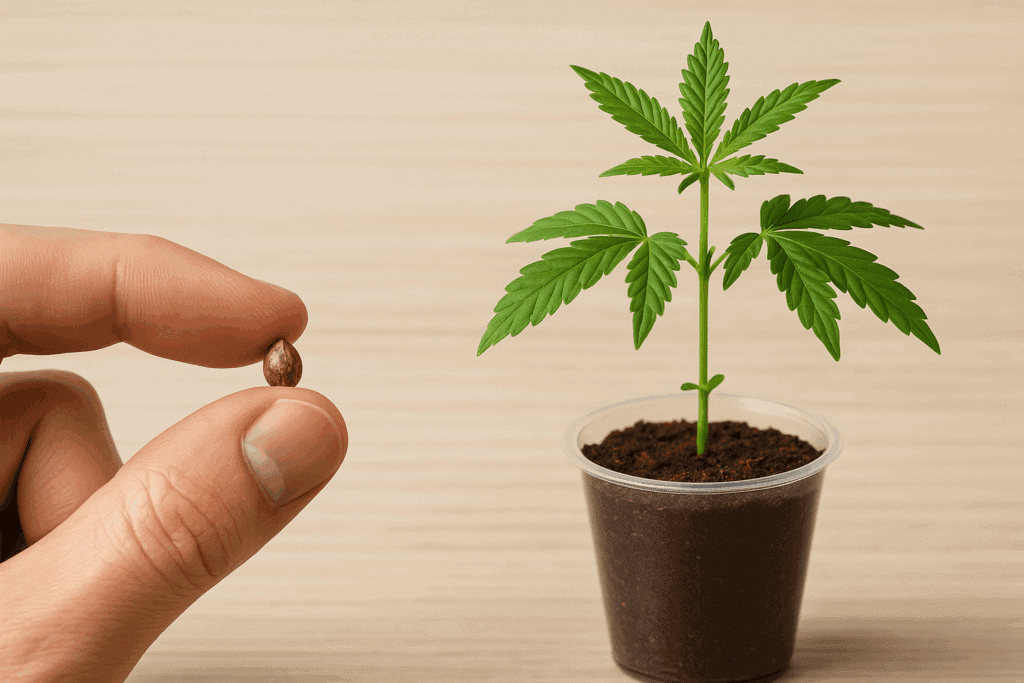 difference between cannabis seeds and clones. Cannabis seed compared to a young cannabis clone.