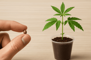 difference between cannabis seeds and clones. Cannabis seed compared to a young cannabis clone.