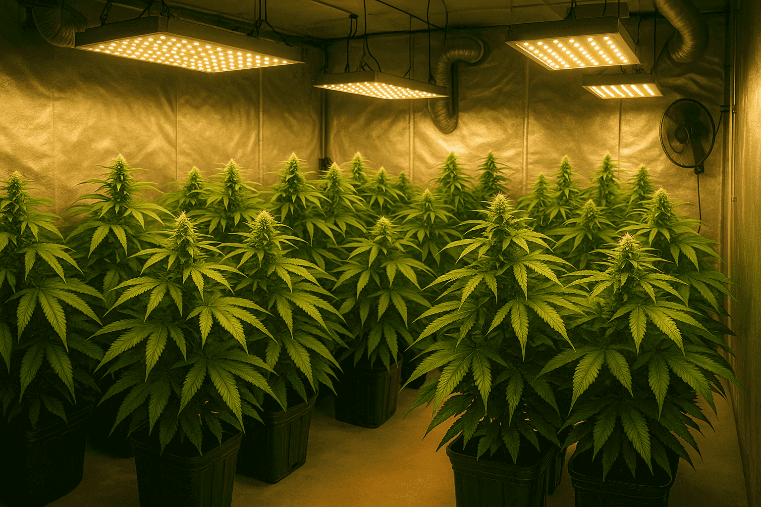 A professional indoor cannabis grow room with bright LED lights, lush green cannabis plants in pots, and a clean, organized setup designed to maximize yields.