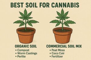 Illustration comparing cannabis plants grown in organic soil and commercial soil mix, highlighting compost, worm castings, and perlite vs. peat moss, coco coir, and fertilizer.