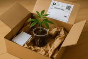 buy cannabis clones online with healthy cannabis clone in coco cup with visible roots inside of a USPS priority shipping box