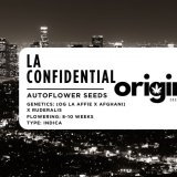 Packaging of LA Confidential strain seeds featuring premium Indica genetics